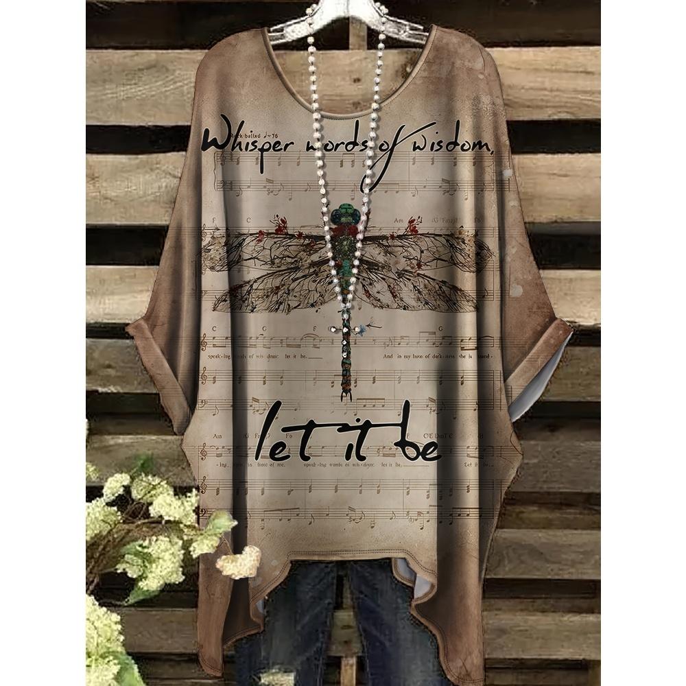 Sommar Dam Elegant Bohemisk Tvåfärgad T-shirt - Hjärta Blommigt Tryck med Fjäril Rund Hals Casual Blus Boho Älskare 2025