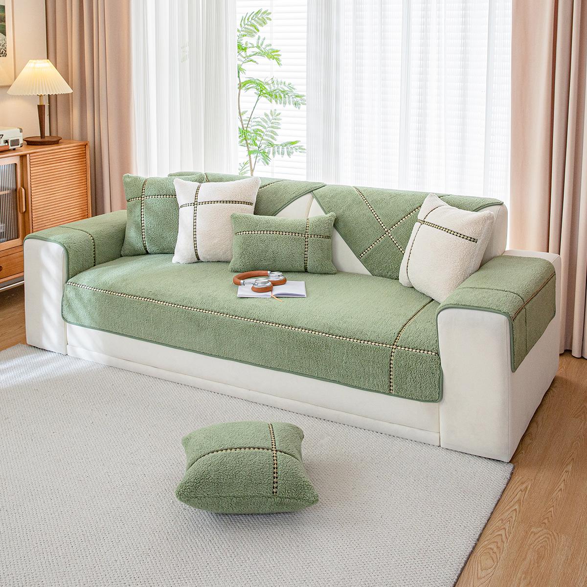 

Утолщенный плюшевый чехол для дивана в скандинавском стиле, зимнее мягкое теплое полотенце для дивана, нескользящие L-образные универсальные чехлы для диванов для декора дивана в гостиной 90*210cm зелёный