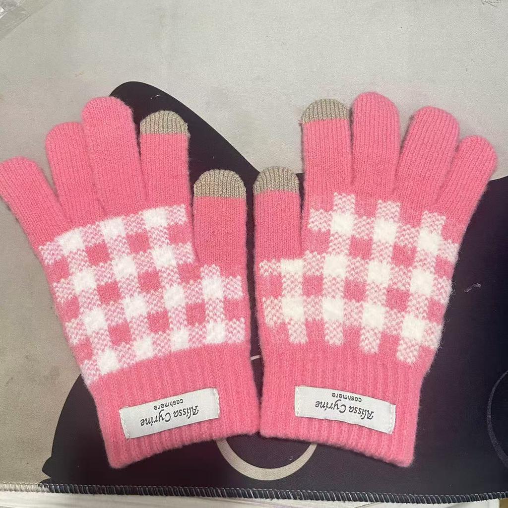 New Autumn and Winter Products, Plus Velvet and Thickened Full-finger Warm Plaid Gloves, Fashionable and Trendy Touch-screen Knitted Gloves