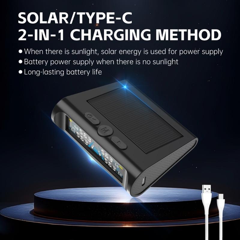 Universal 4 Sensor TPMS Kit Featuring Real Time Tire Pressure and Temperature Monitoring Solar Powered Monitor System