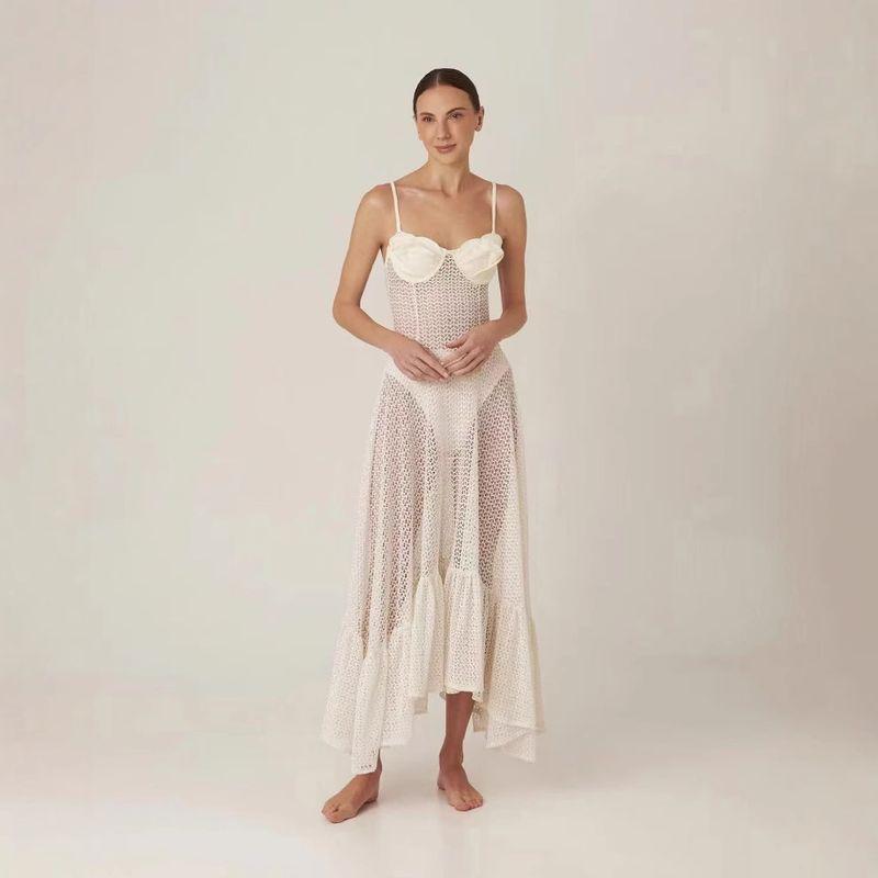 European and American Design Flower Lace Large a Swing Perspective Sling Solid Frill Dress