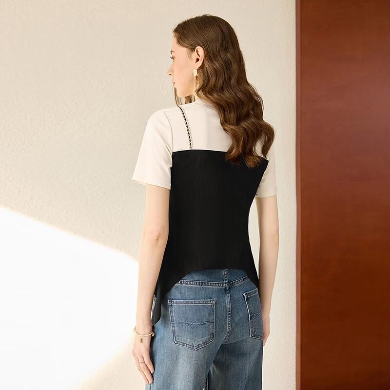 Women's French Style Faux Two-Piece Color Block Short Sleeve T-Shirt