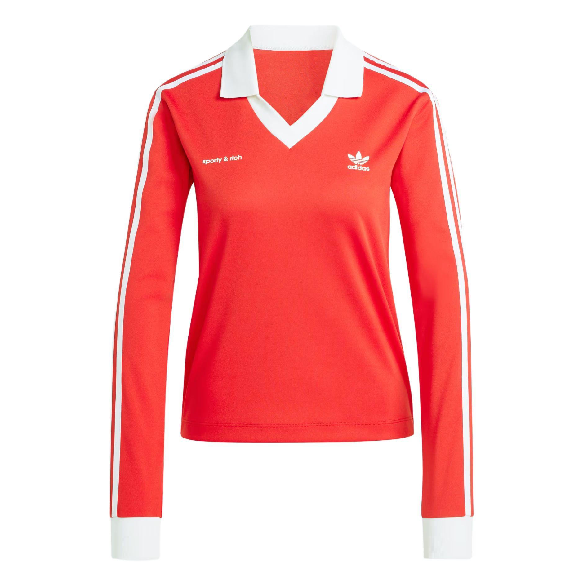 Adidas Originals Sporty & Rich Collaboration SS24 Striped Design Versatile Comfortable Fashion Pullover Long Sleeve Soccer Shirt Women Tops Red JI9277 S