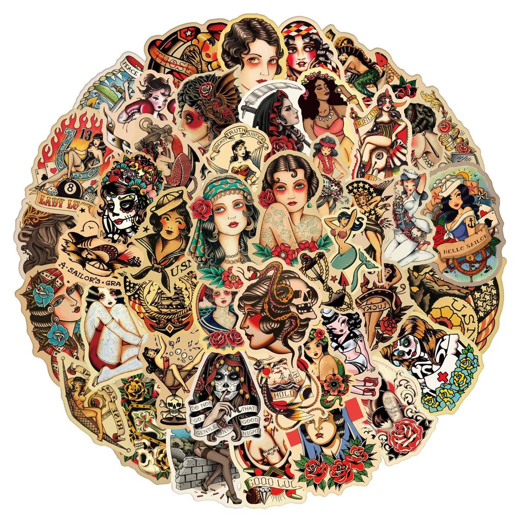 50Pcs Retro Pin Up Girl Graffiti Stickers Cute Sexy Tattoo Girls Decals Scrapbook Luggage Phone Waterproof Sticker