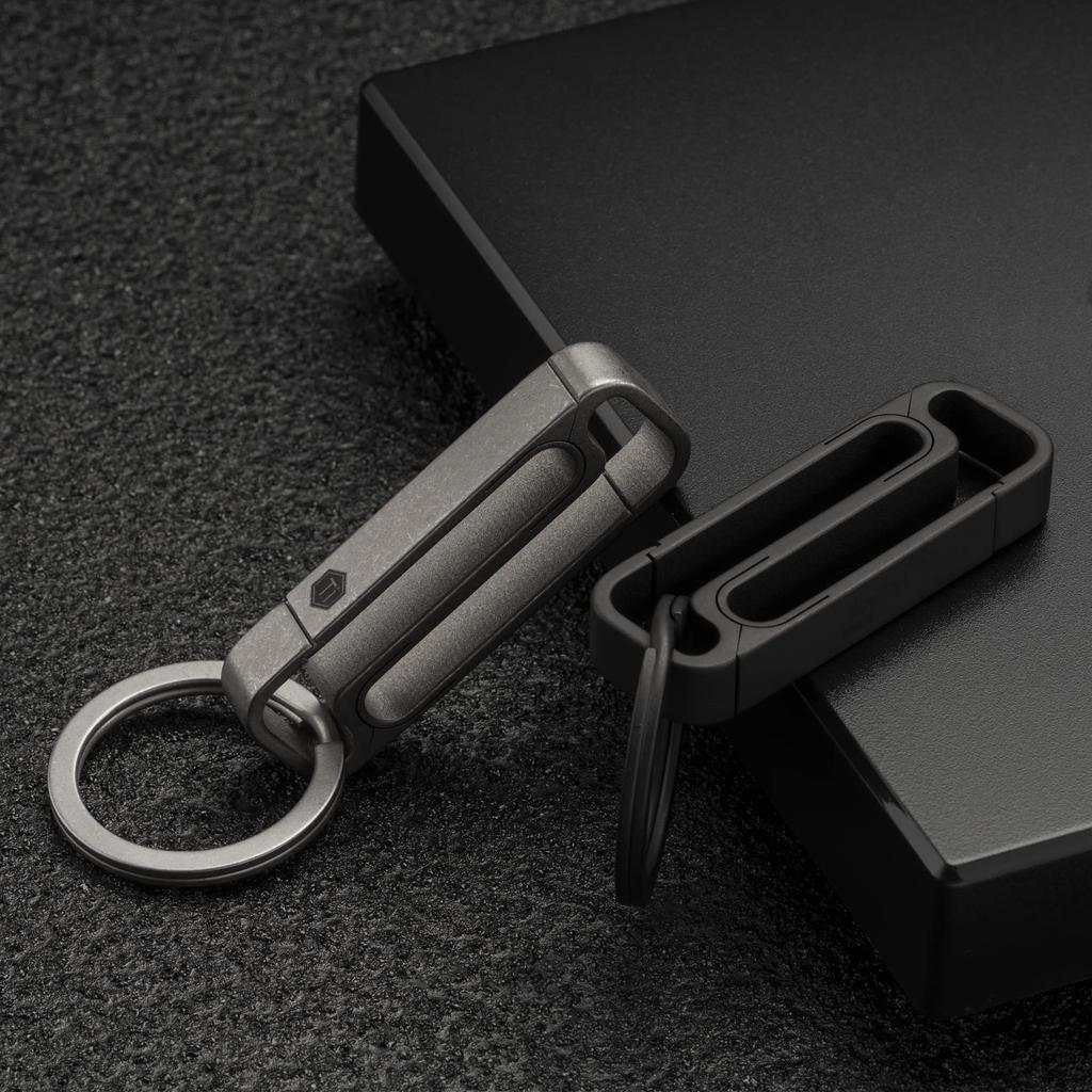 KeyUnity KM11 Titanium Key Holder Belt Clip with Sandblasted Double-Sided Carabiner, Men's Medium, (PVD Black)