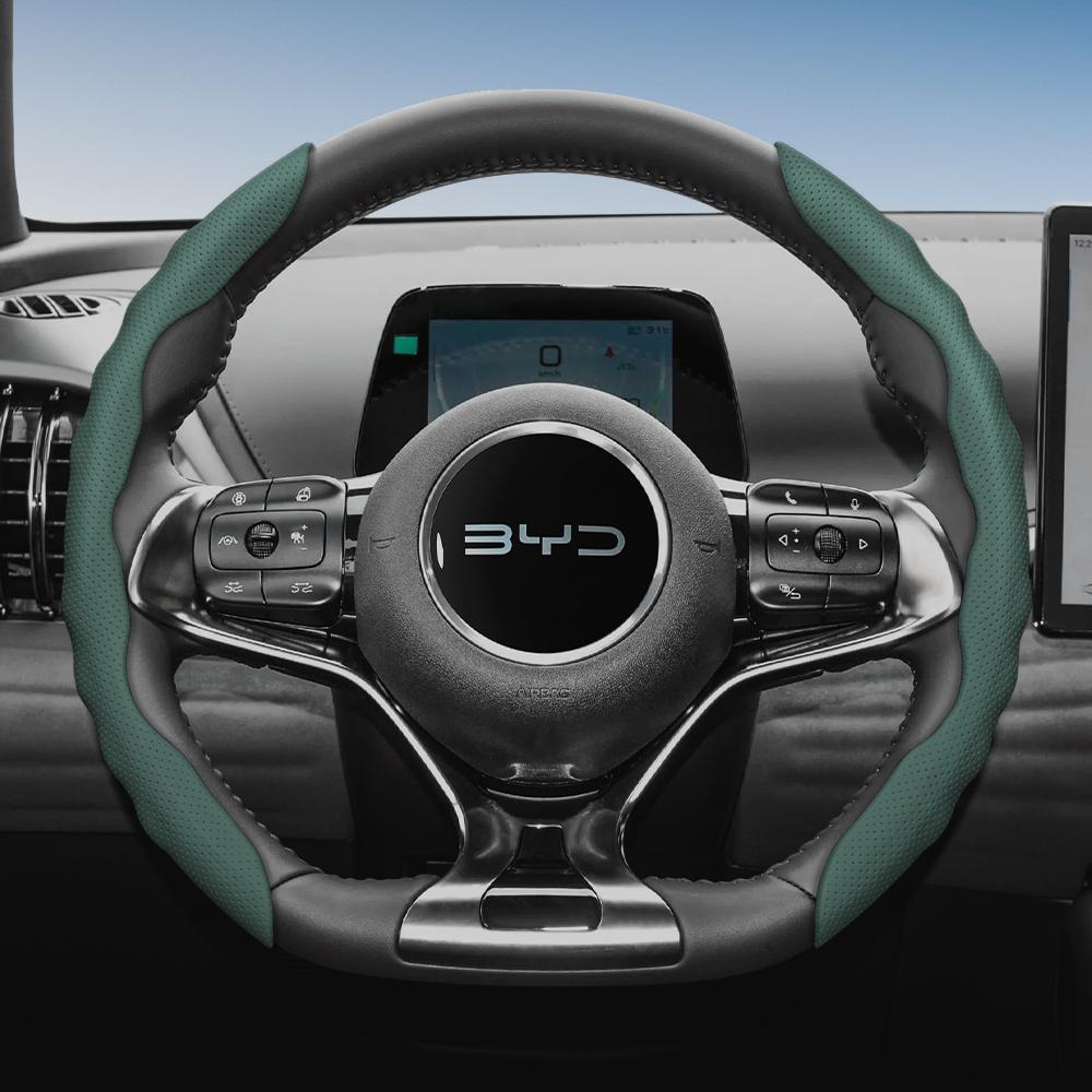 Suitable for Byd Steering Wheel Cover with Wavy Sports Design, Breathable Leather, Segmented, Non-Slip, Sweat-Absorbe