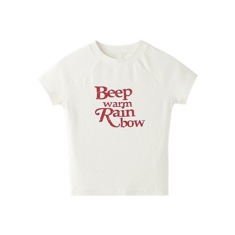 

Приталенная футболка с рукавом реглан - Лето 2025: Чистый хлопок, принт американскими буквами, высокая эластичность, облегающий топ L белый