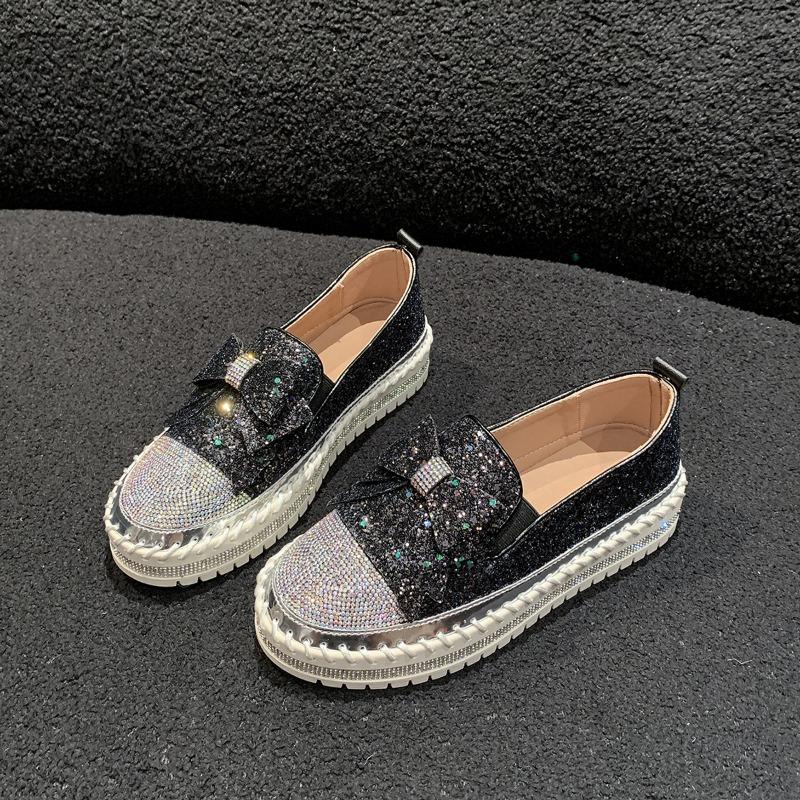 Bow Sequined Single Shoes Women's Autumn New Fashion Casual Low-heeled Single Shoes One-pedal Lazy Shoes