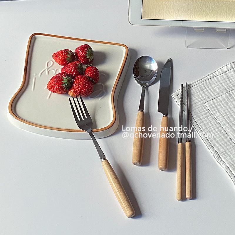Simple INS wooden handle chopsticks knife fork spoon tableware set stainless steel Japanese style student portable love
