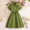 Girls' Fashionable Dress for Summer, Children's Simple and Elegant Casual Short-sleeved Shirt Dress