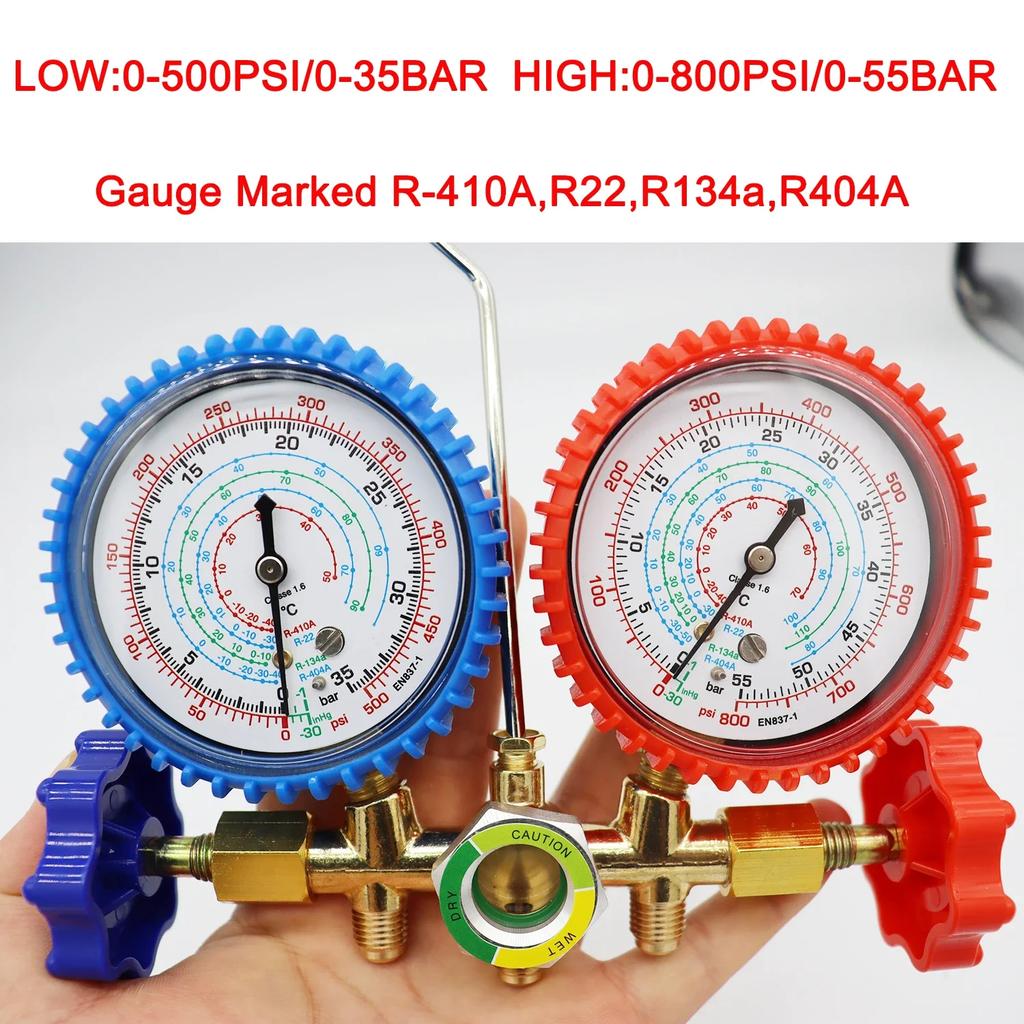 R410A R22 R134A R404A Freon Refill Kit Tool, Car Air Conditioner Pressure Gauge Set, Shock Resistant Pressure Gauge Adapter