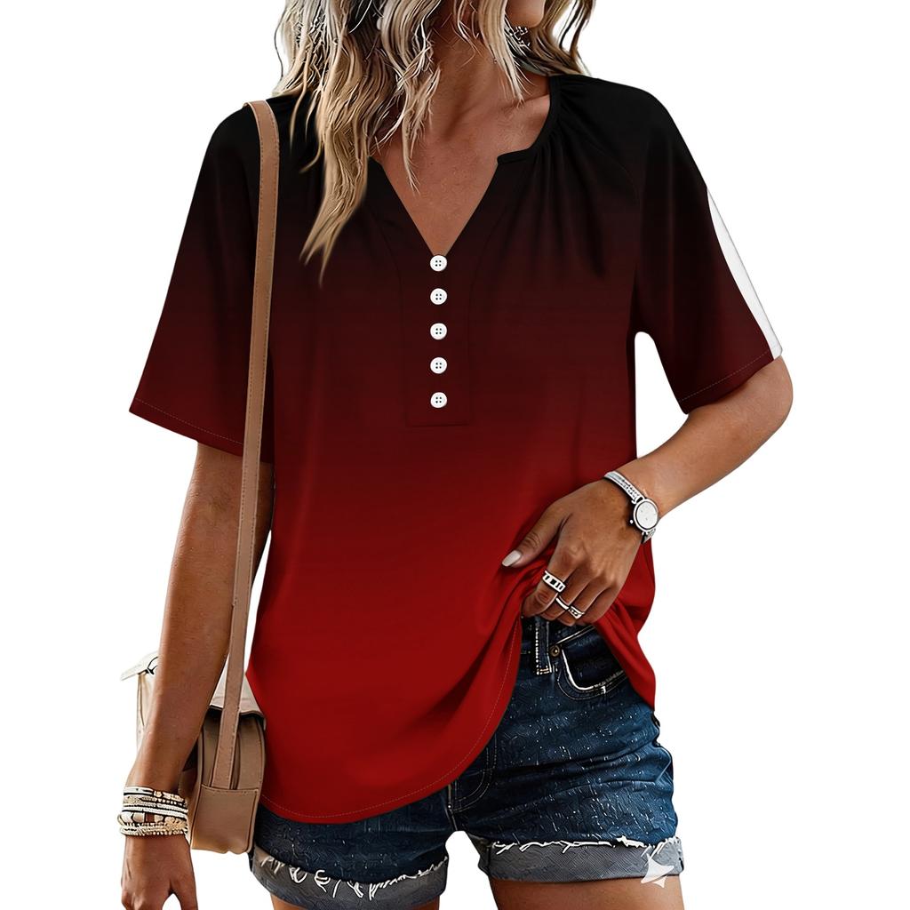 Women's Fashionable Casual Floral Print Button V-neck Short-sleeved Top
