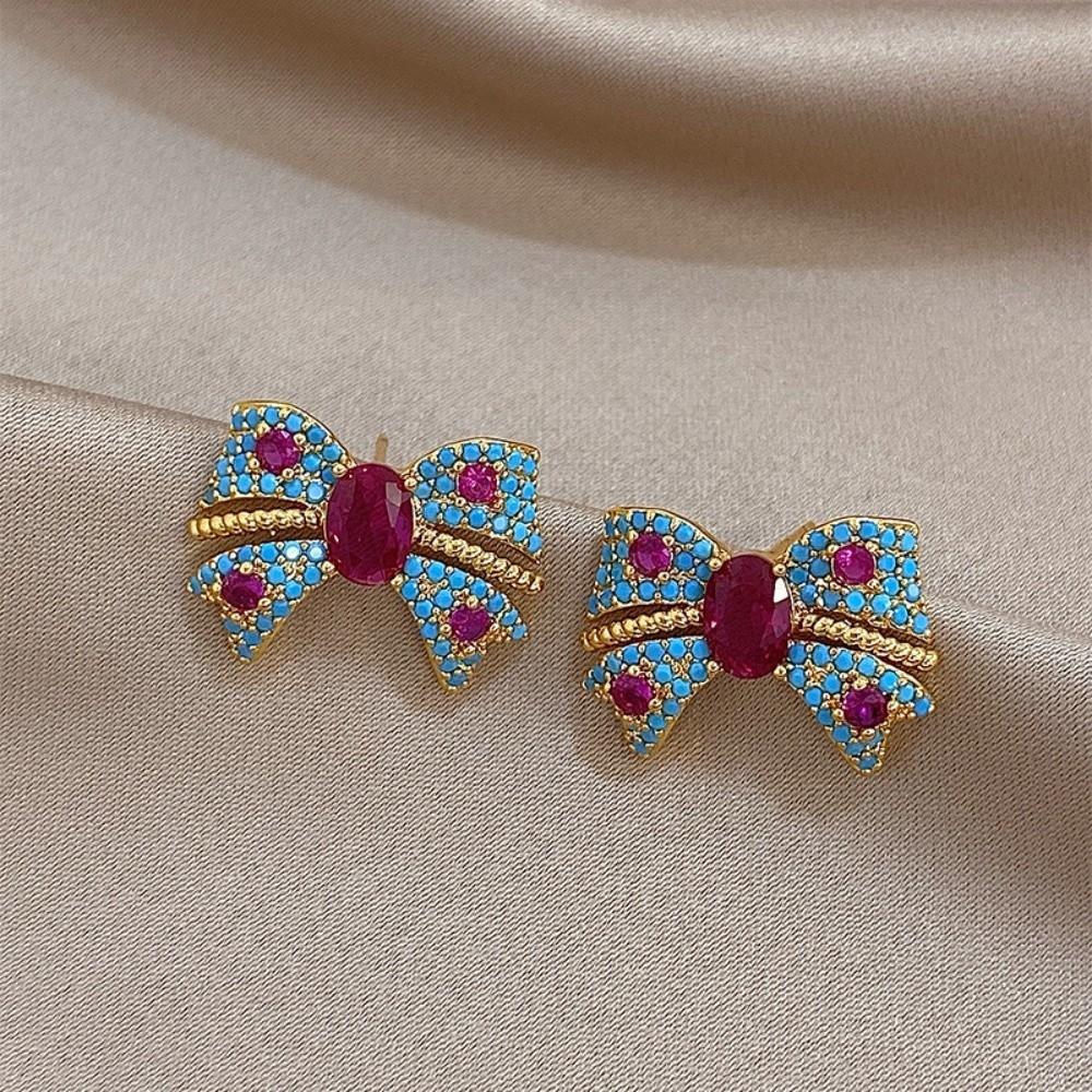 Zircon Korean Style Stud Earrings Blue Pink Bowknot Ear Studs Crystal Bow Earrings  Party