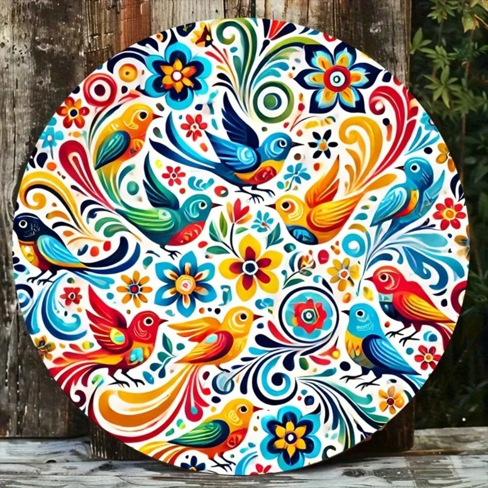 

Vintage Mexican Folk Art Tin Sign 8 Inch Round Wall Decor Colorful Home Metal Signage 20x20 разноцветный