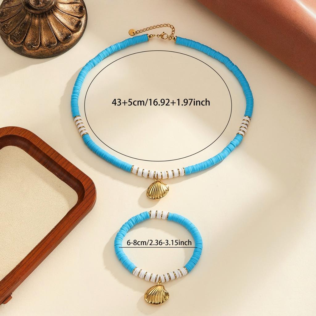 Atoztide Fashion Ocean Series Polymer Clay Necklace Bracelet Jewelry Set for Women Stainless Steel Shell Conch Pendant Set Gift