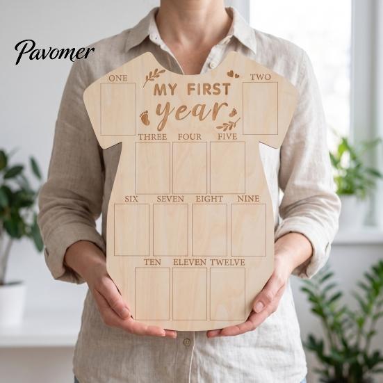 Natural Log Photo Holder Wooden Baby Milestone Frame, My First Year Growth Picture Infant Onesie Shaped Newborn Monthly Memory Keepsake for