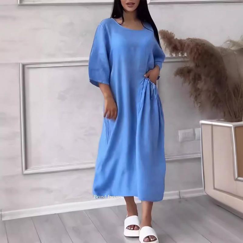 2024 Women's Cotton Linen Solid Colored Casual Button Long Dress with Round Neck