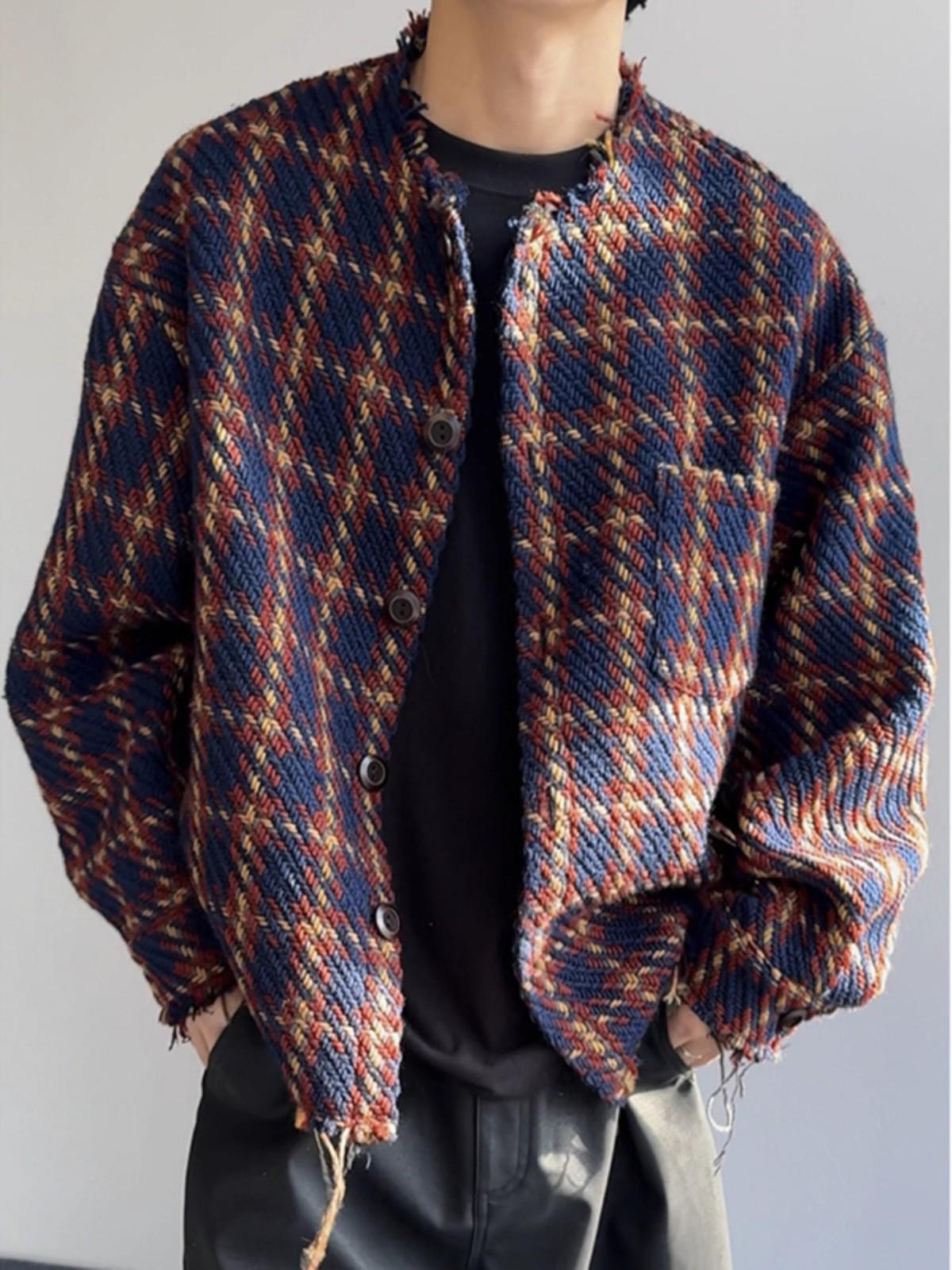 Men s American Retro Dark Blue Frayed Edge Collarless Jacket - Coco Style Casual Fit XL красный/темно-синий