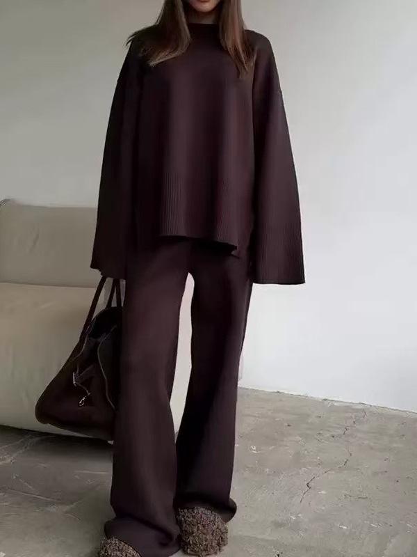 European & American Style Women's Solid Color Long Sleeve Wide Leg Pants Sweater Set