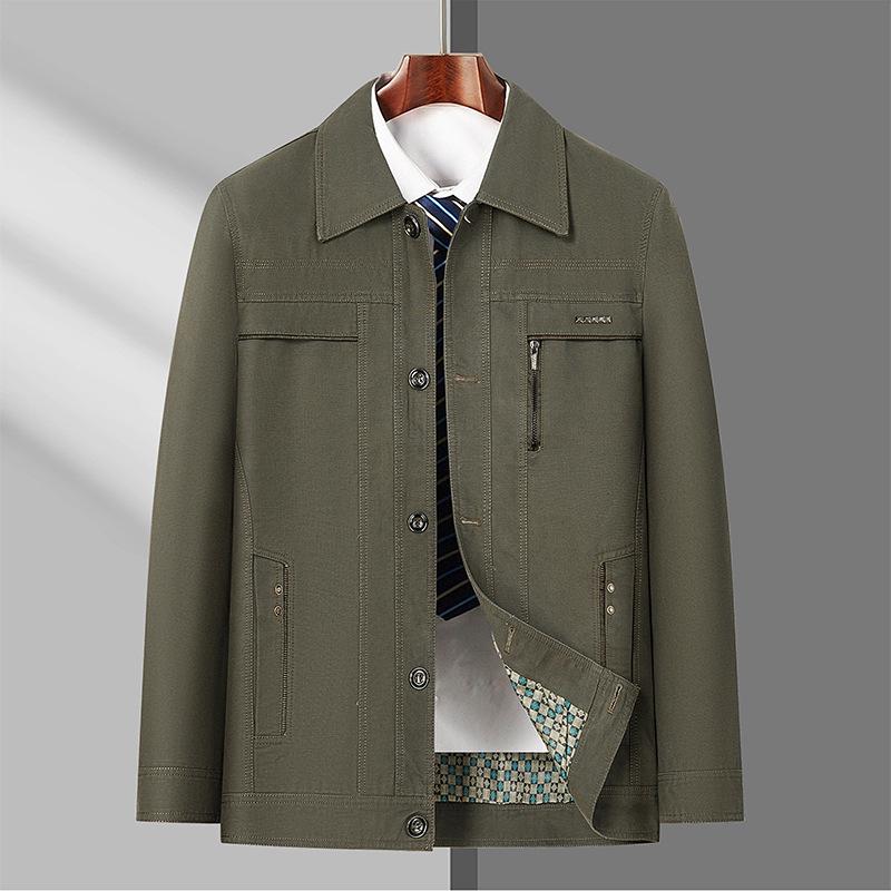 2024 Autumn Men's Solid Color Pure Cotton Lapel Jacket for Middle-aged and Senior Men