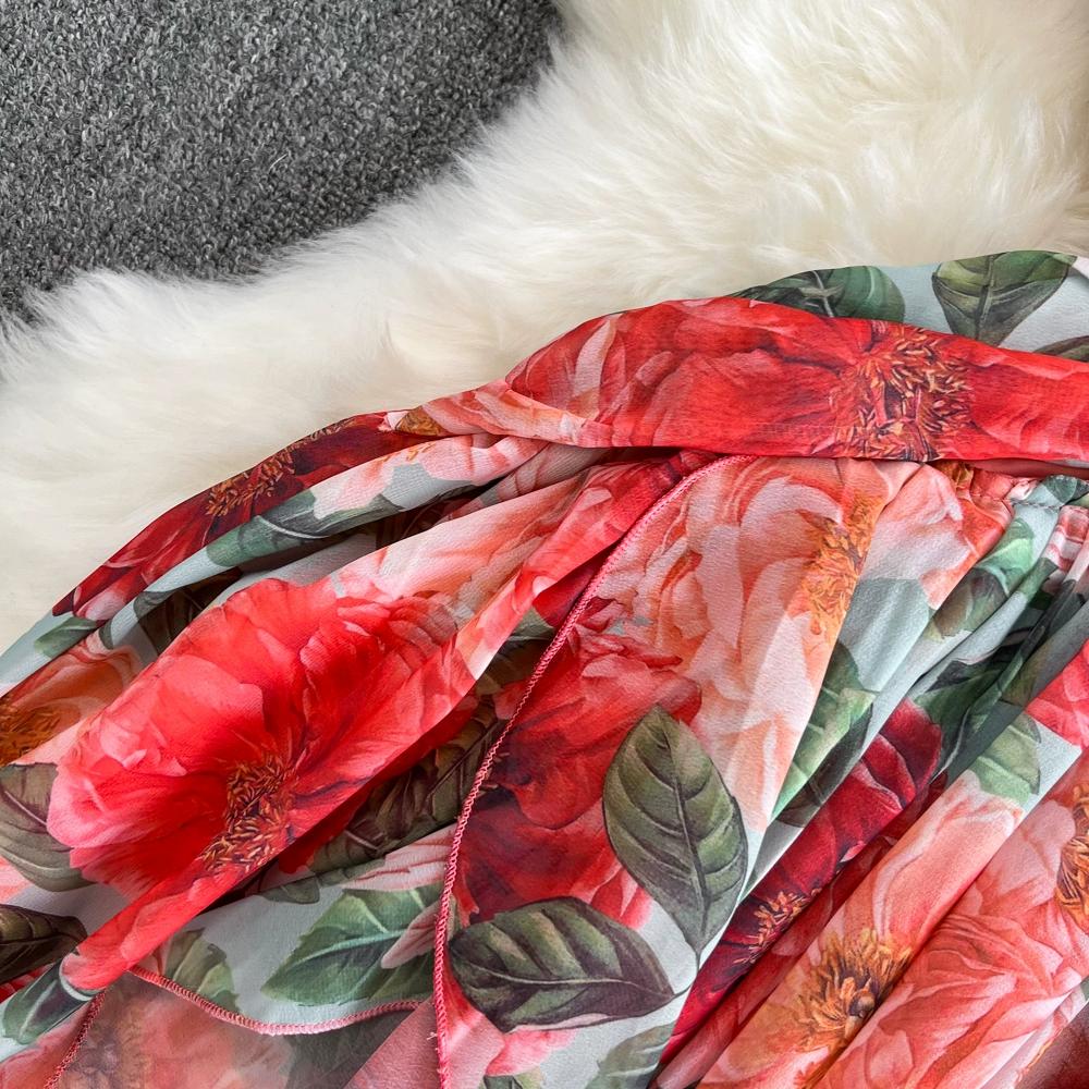 Robe longue style bohème pour femme, col en V, dos nu, taille haute, coupe trapèze, volants, imprimé, vacances en bord de mer