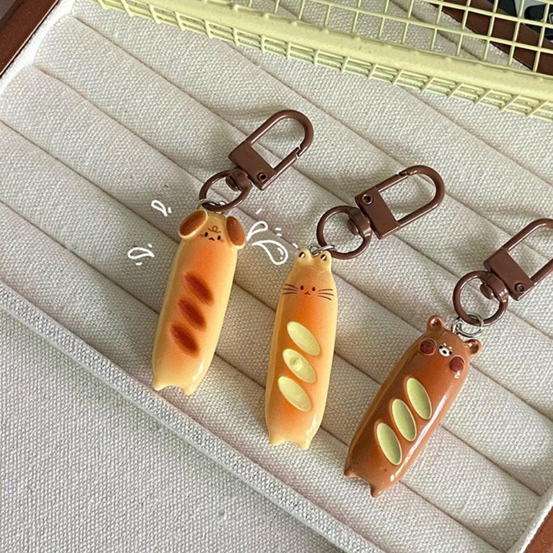 Unique Dog And Bear Shaped Keychains French Bread Foodie Charm Keyring Resin Alloy Bag Pendant for Women Girls