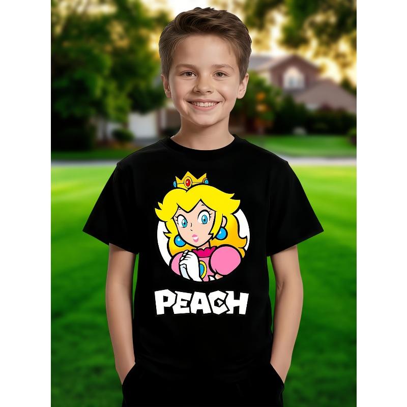 European sizes Boys  Peach Princess Short-Sleeve T-Shirt, Lightweight Polyester Fiber, Heat-Transferred Peach Princess Print, Cute Casual Top for Kids 98cm