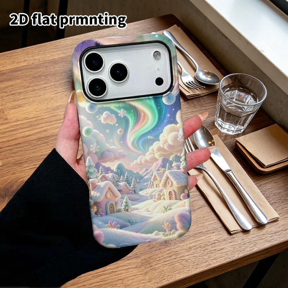 Phone Case: 2D Flat Design Suitable for iPhone 18 17 16 15 14 13 Pro Protective Case, Aurora Winter Valley, Perfect Christmas and Halloween Holiday Gi