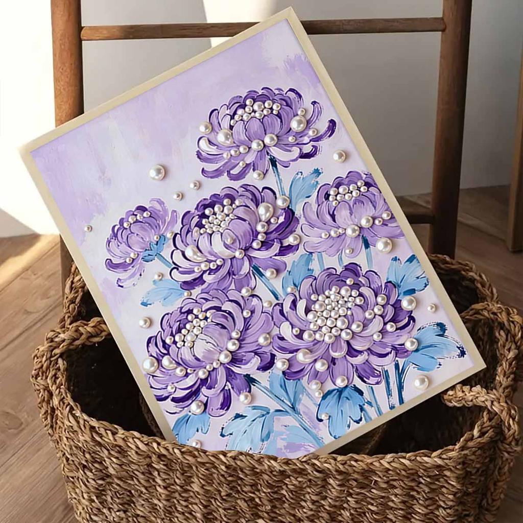Crystal Pearl Painting 5D DIY Frame Decoration Painting Purple Flowers Home Wall Decoration Transparent Pearl Gemstone Painting Picture Art Crafts