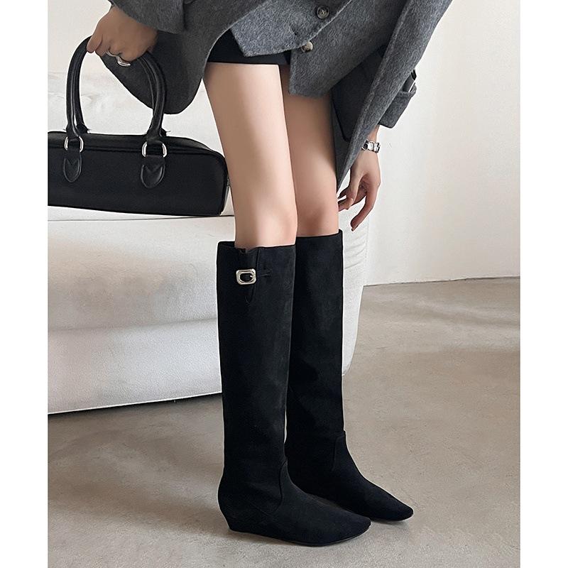Lazy French Style~ Round Head Inner Height Increase Western Cowboy Boots Pleated Stacking Boots 25 Years Suede But Knee Boots~