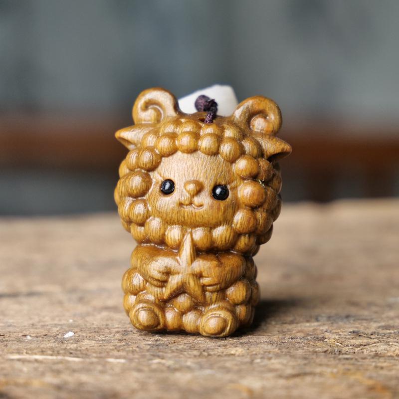 Argentina Green Sandalwood Zodiac Animals Wood Carving Keychain Ornament Height about 3.5~4.2cm