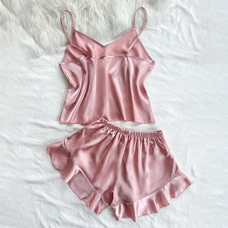 Women's Backless Spaghetti Strap Imitation Silk Pajamas Set - Casual, Fashionable, Sexy Shorts Lounge Wear