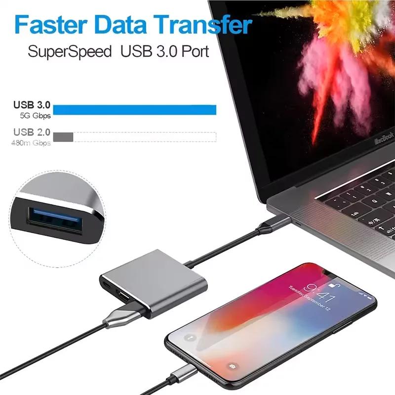4K 1080P Typ C na HDMI-kompatibilní / USB 3.0 / Typ C 3 v 1 Kabelový konvertor Thunderbolt 3 Přepínač na HDMI-kompatibilní Adaptérový kabel
