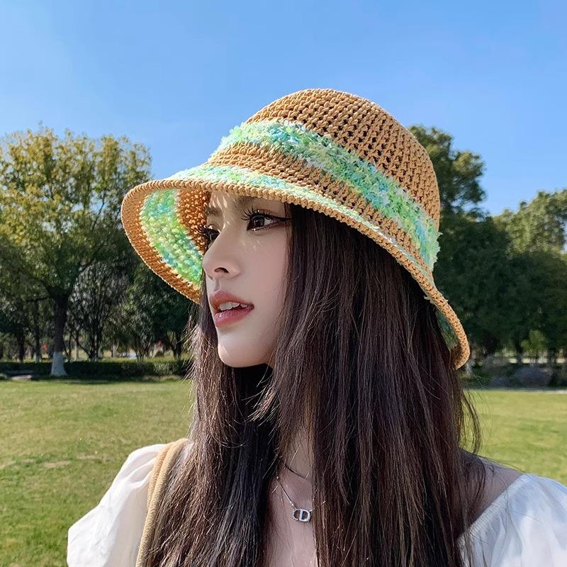 Breathable Sunscreen Hat Women's Summer Idyllic Color Hollow Woven Bucket Hat Outdoor Vacation Beach Hat