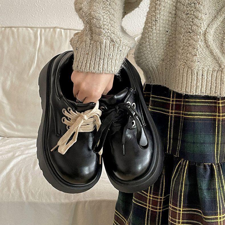 British style college with skirt small leather shoes women's 2025 autumn new popular lace-up muffin platform loafers single shoes