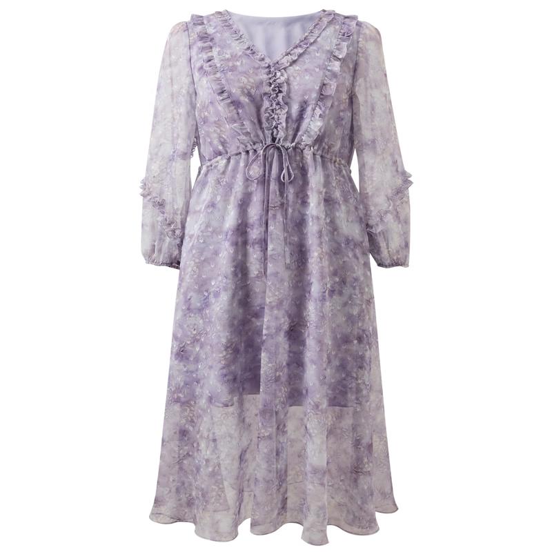 Women s Ruffle V-Neck Floral A-Line Long Dress S