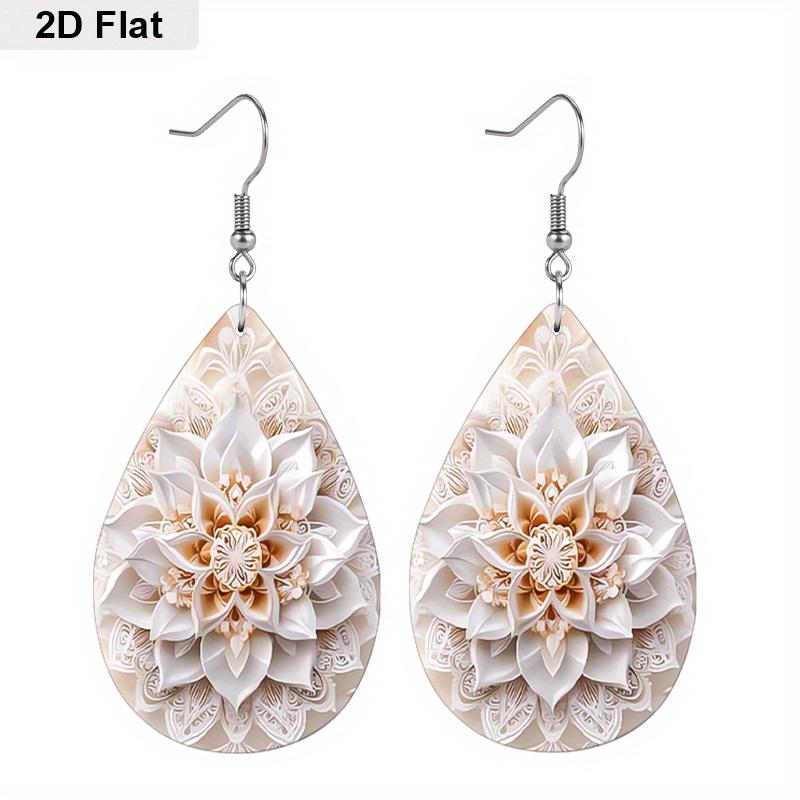 Elegant Mandala Floral Black White PU Drop Dangle Earrings for Women, Boho Mandala Flower Beach Theme Double Sided Hoop Earring