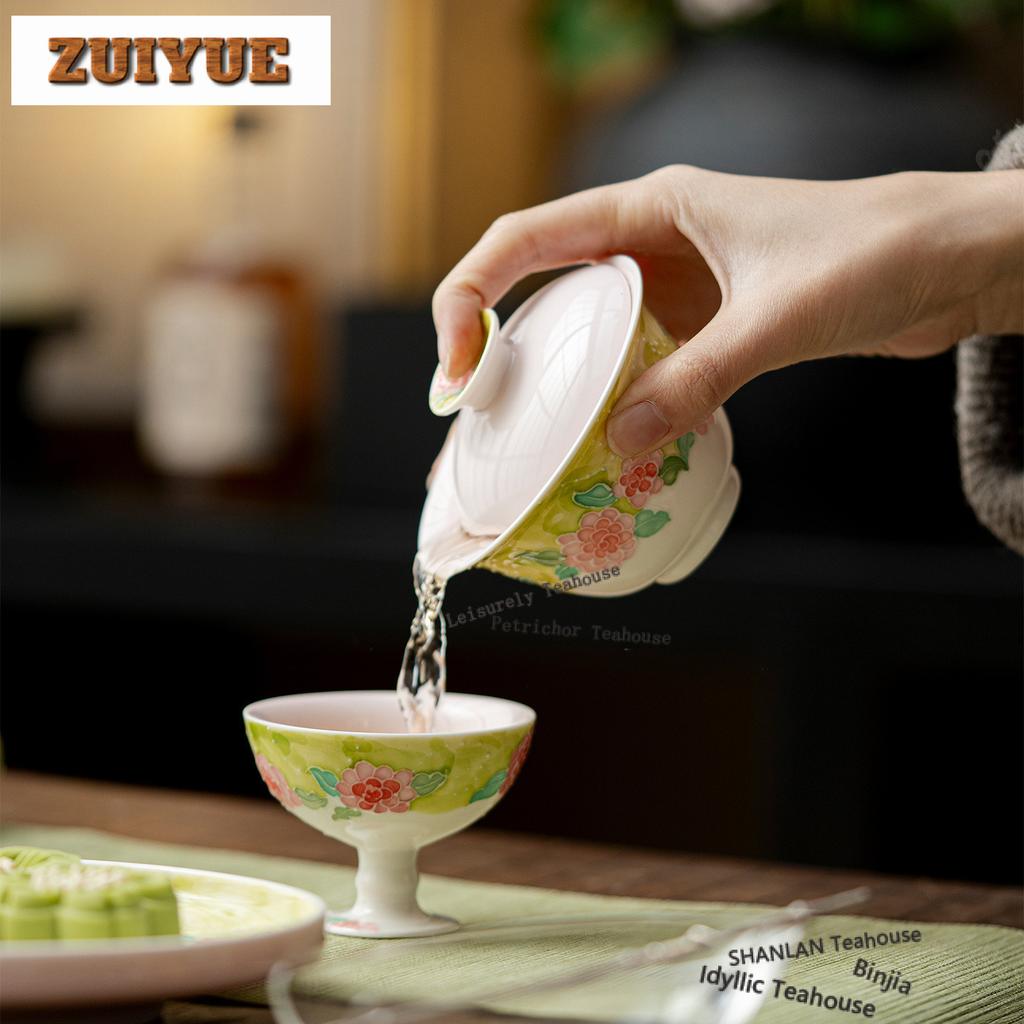 130ml Hand-painted Camellia Gaiwan Creative Tea Tureen Tea Bowl With Lid Kit Tea Brewing Cover Bowl Chinese Tea Set Decoration