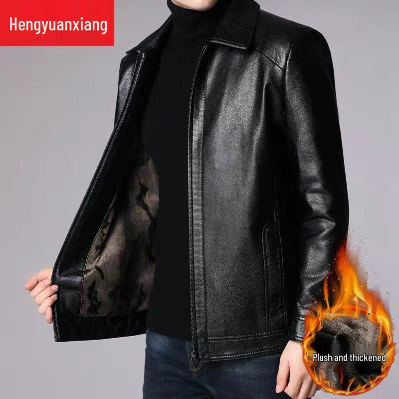 Men's Casual Autumn Leather Jacket - Middle-aged Plus Velvet Thick Style