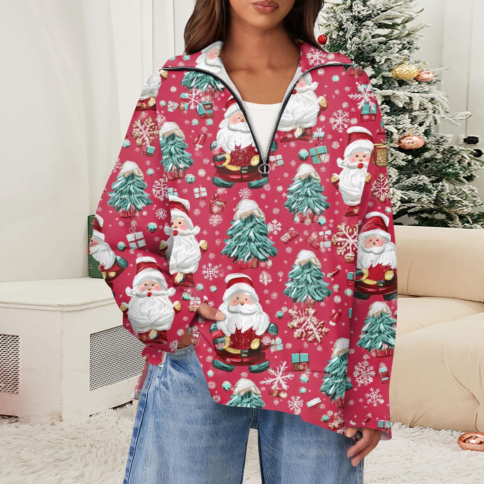 

Женская повседневная полумолния с лацканами и рождественским принтом, пуловер с разрезом сверху и сбоку, модная одежда XL винный