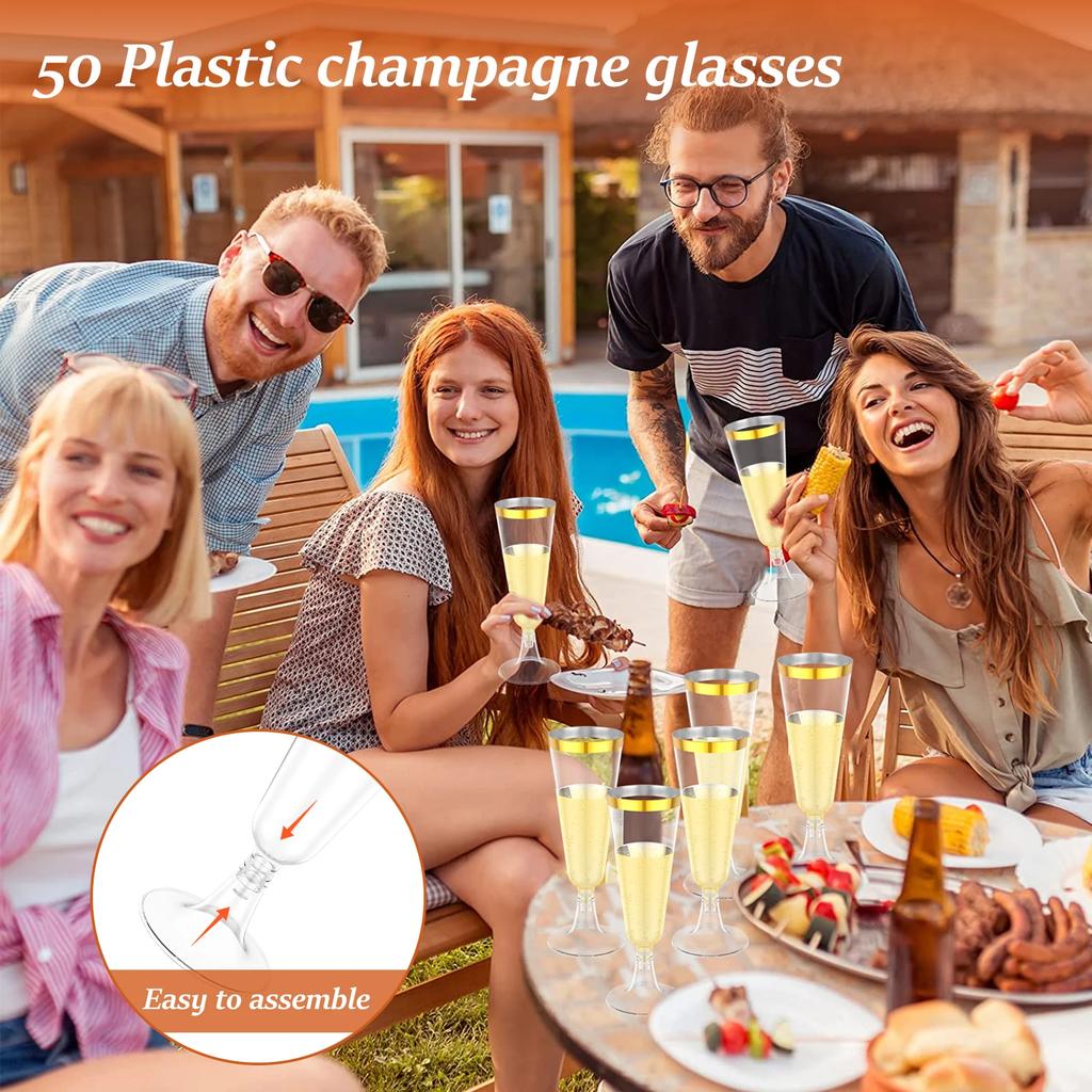 50Pcs Plastic Champagne Flutes Gold Trim Champagne Flute Easy To Grip Mimosa Glasses for Weddings Parties Cocktail Cups