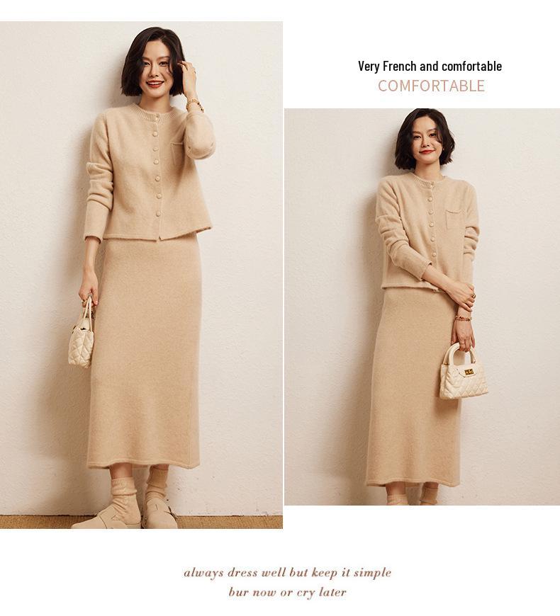 Autumn/Winter 2025 Cashmere Knit Women's Set: Loose Cardigan & Long Sleeve Top with Midi Skirt