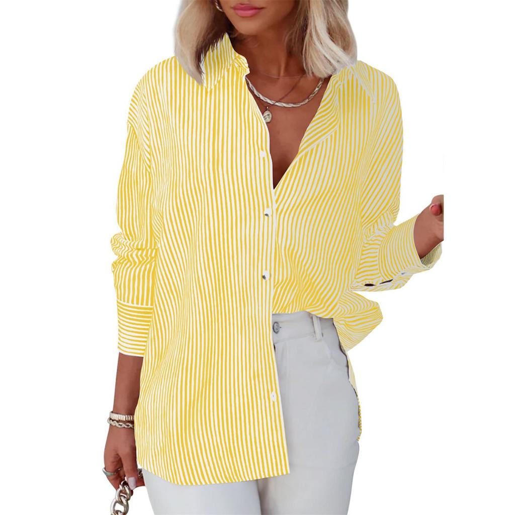 Women's Striped Button Down Shirt Long Sleeve Casual Loose Fit Office Blouse For Women