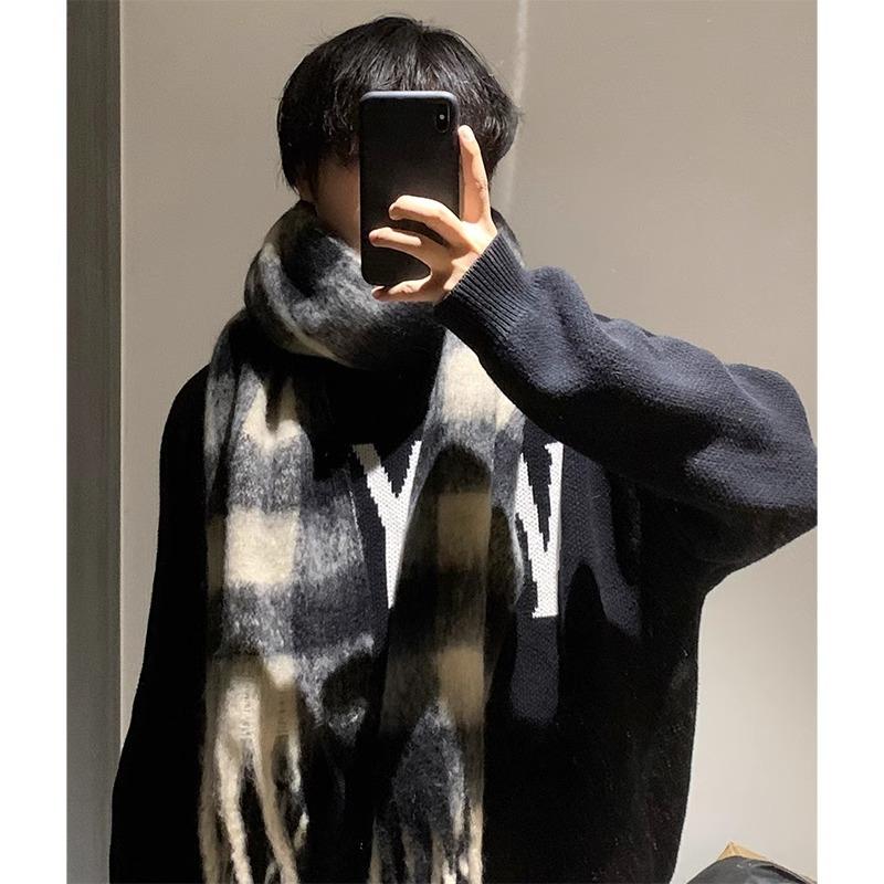 Scarf Winter Men's High-end Sense New Hippocampus Hair Black and White Plaid Korean Couple Warm Thickened Scarf Women
