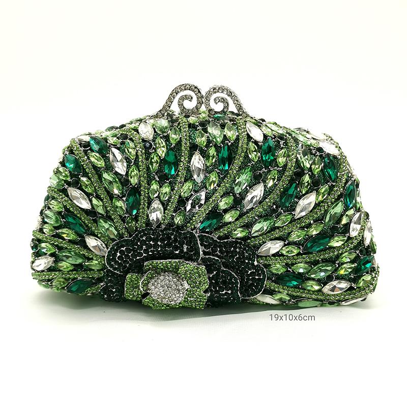 Rhinestone Women Evening Clutch Bag Diamond Chain Girls Wedding Bridal Prom Crystals Dinner Party Purse 11 Colors White/Green