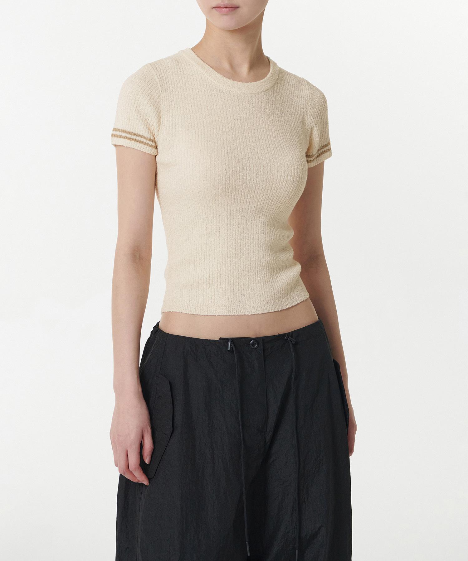 Musinsa Standard Woman Women S Ribbed Mini Boucle Tipping Short Sleeve Knit [Ivory] Ivory/M