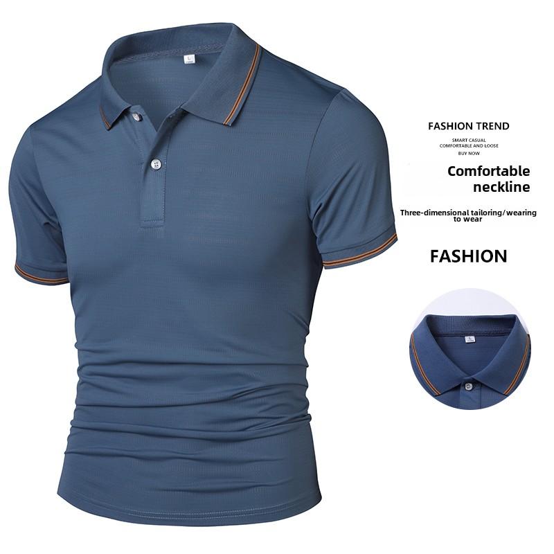 Men's Ice Silk Quick Drying Short Sleeved T-shirt Summer High-end Casual Business Clothes Breathable Solid Color Polo Shirt Top