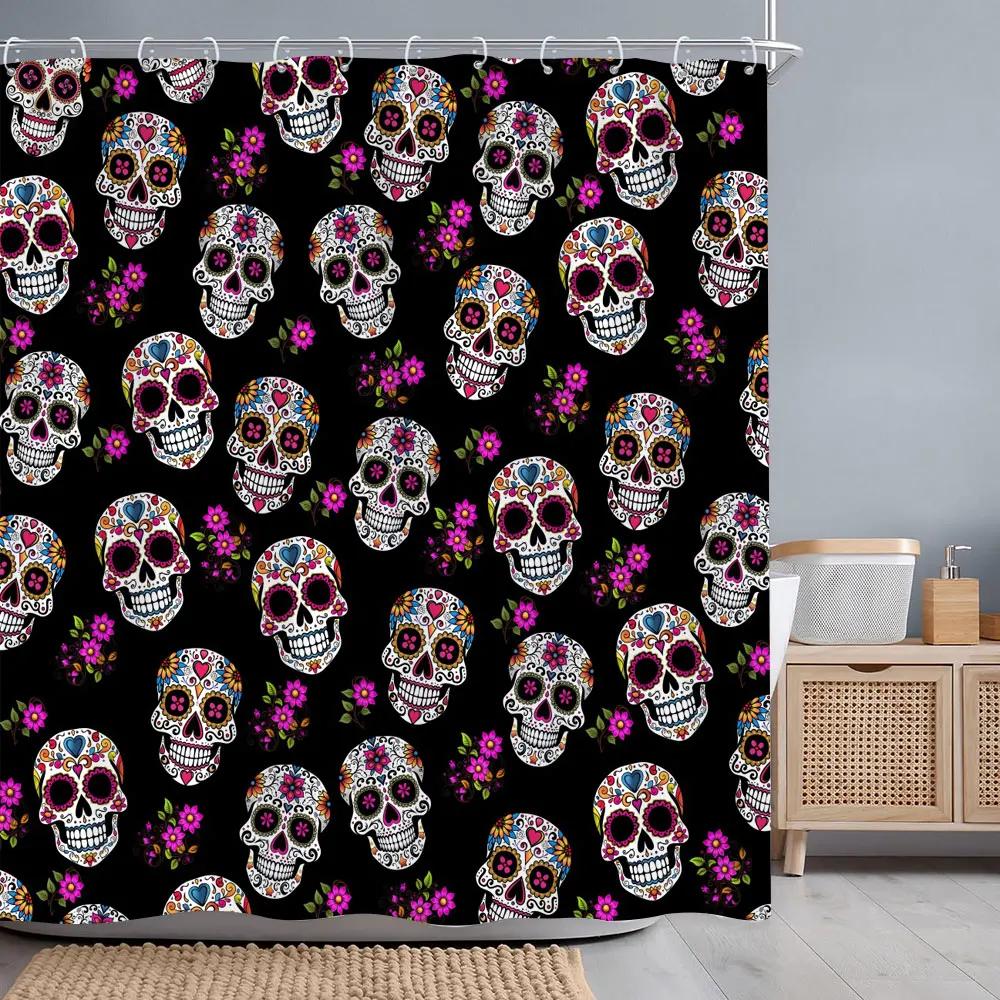 Halloween Skulls Roses Shower Curtain Horror Skulls Crows Red Flowers Polyester Fabric Shower Curtains Bathroom Decor with Hooks