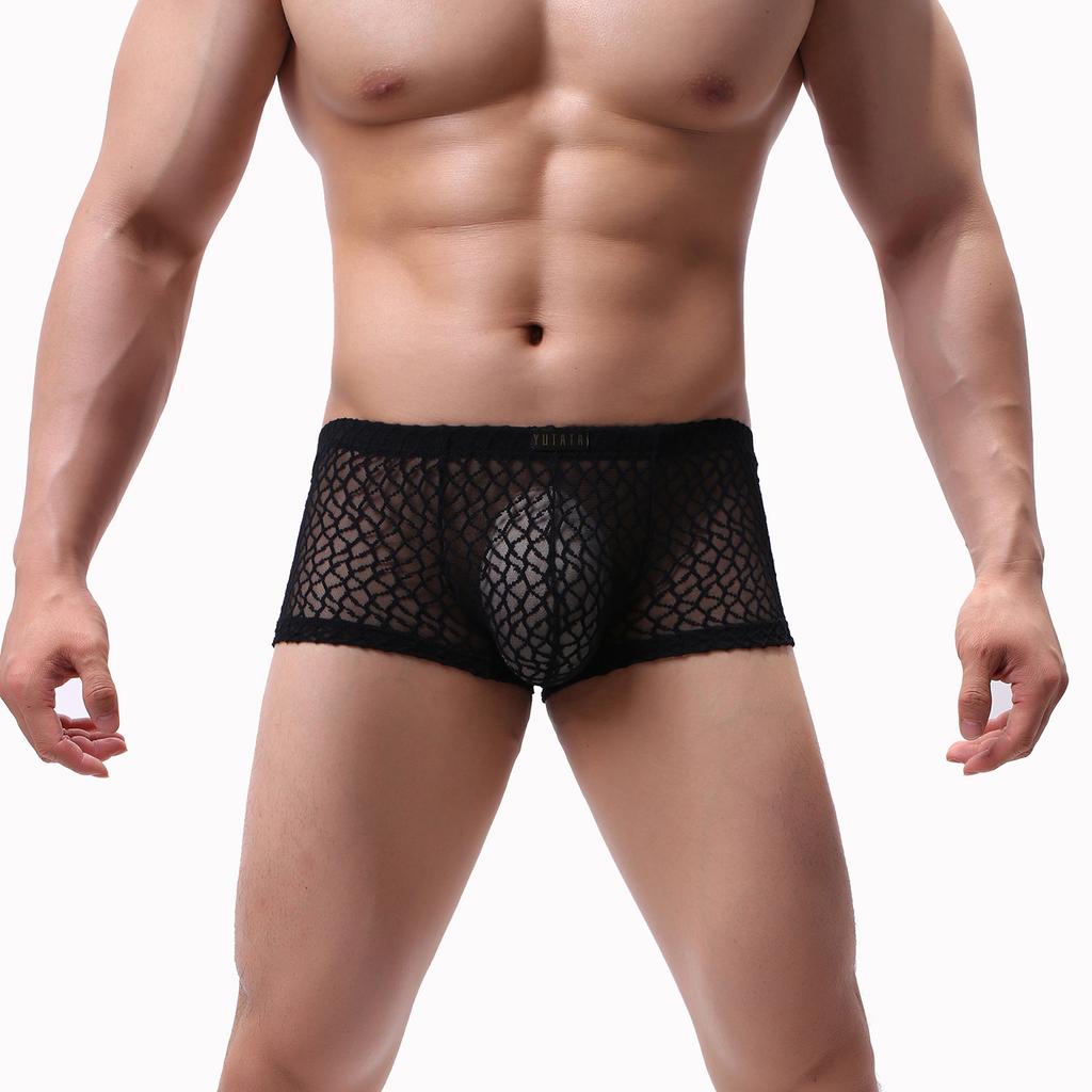 Mens Boxer Sexy See Through Lingerie Underwear Men Lace Mesh Boxershorts Underpants Man Solid Boxers Hombre Shorts Men's Panties