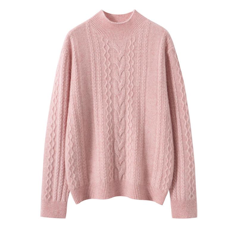Women's Solid Color Twisted Flower Cable Knit Cashmere Sweater, Thickened Half-High Collar Slim Fit Base Layer Top